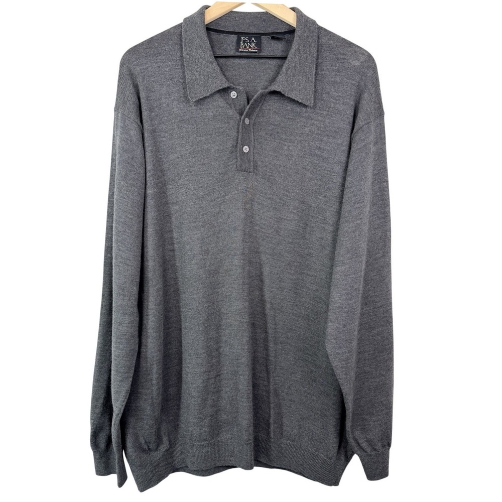 Jos. A. Bank Signature Collection Merino Wool Polo Sweater Mens XL Gray Long Slv
